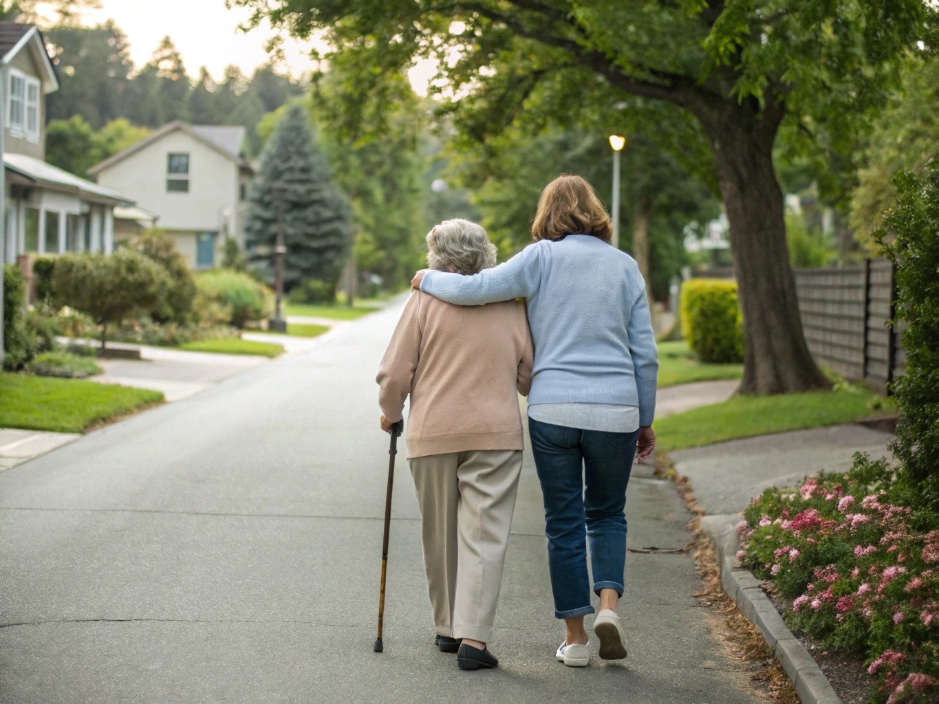 Eine Alltagsfee begleitet einen Senior bei einem Spaziergang